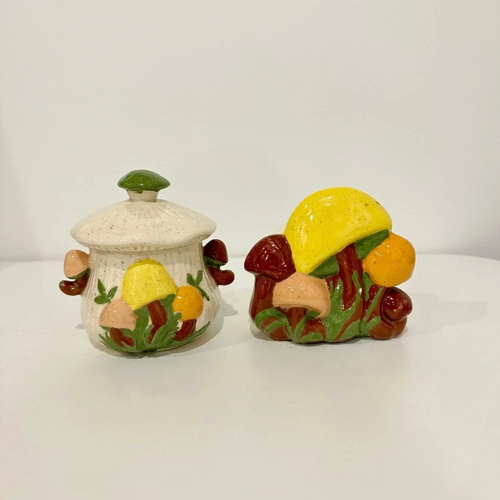 Vintage Ceramic Mushroom Sugar Bowl and Napkin Holder Set Retro Kitchen Decor
